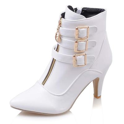 Women's Fashion High Heel Ankle Boots with Buckles and Zipper – Stylish Faux Leather Stiletto Boots for Fall and Winter