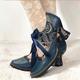 Women's Heels Pumps Boho Bohemia Beach Handmade Shoes Vintage Shoes Party Outdoor Daily Color Block Cone Heel Round Toe Elegant Bohemia Vacation Leather Lace-up Dark Blue Light Blue