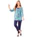 Plus Size Women's Half-Zip V-Neck Tunic Duet by Catherines in Vibrant Turq Damask (Size 2X)