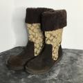 Coach Shoes | Coach Signature Logo 'Kally' Khaki Canvas Brown Suede Shearling Boots Size 7 | Color: Brown/Gold | Size: 7