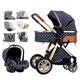 Baby Stroller Upgraded Infant Single Bassinet Seat, 3 in 1 Baby Stroller Carriage for Newborn, Toddler Pram Stroller Luxury Pushchair with Rain Cover, Footmuff, Mosquito Net (Color : Blue)