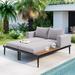 Outdoor Metal Patio Daybed with Wood Topped Side Spaces for Drinks, 2 in 1 Padded Chaise Lounges for Poolside, Balcony, Deck