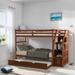 Twin over Twin Size Bunk Bed with Twin Size Trundle, Wooden Kids Storage Bed Frame with 3-Storage Stairs, Walnut