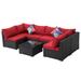 Black & Red 7-Piece Outdoor Rattan Furniture Sets with 6 Sofas, 1 Coffee Table & Cushions