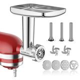 Stainless Steel Food Grinder Attachment , Meat Grinder Attachment with 3 Sausage Stuffer Tubes 4 Grinding Plates