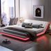 Full/Queen Size Upholstered Bed Frame with Sloped Headboard, Low Profile Bed PU Leather Platform Bed with LED Light Strips