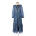 Current Air Casual Dress - Midi High Neck 3/4 sleeves: Blue Print Dresses - Women's Size Small