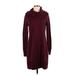 Ann Taylor LOFT Casual Dress - Sweater Dress High Neck Long sleeves: Burgundy Print Dresses - Women's Size Small