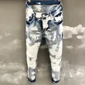 Jeans skinny rétro pour hommes pantalon de moto bleu jean blanc peint à jet d'encre streetwear