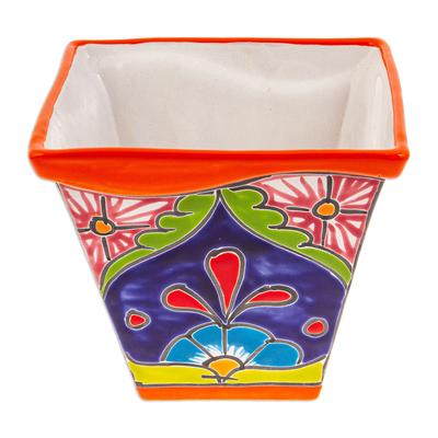 'Talavera-Style Ceramic Flower Pot in Orange Made in Mexico'