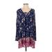 Billabong Casual Dress - Shift Tie Neck Long sleeves: Blue Floral Dresses - Women's Size Small