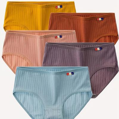5pcs Solid Ribbed Briefs, Comfy & Breathable Mid-r...
