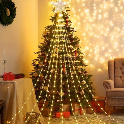 1pc Christmas Star Hanging Tree String Lights, 140led Star Christmas Tree Lights, New Year Holiday Hanging Curtain Lights Wedding Porch Patio Yard Indoor Decoration (without Battery)