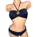 Michael Kors Swim | Michael Kors Gold Logo Womens Bandeau Bikini Swimsuit Solid Navy Blue Size Small | Color: Blue | Size: S