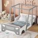 Twin Size Car-shaped Bed with Roof, Kids Platform Bed Floor Montessori Bed with Wheels, Car Bed with Headboard and Footboard