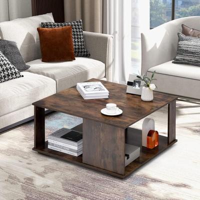 COSTWAY 2 Ebenen Couchtisch aus Holz, Wohnzimmertisch Vintage, Kaffeetisch quadratisch, Image