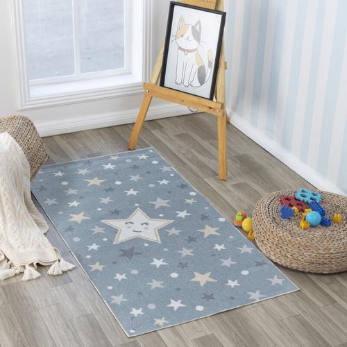 Teppich für Kinder Waschbar Kinderzimmer Spielteppich Sterne Design Pastell Creme Mehrfarbig Blau