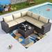 Outdoor Patio Furniture Set 6 Pieces Sectional Rattan Sofa Set Brown PE Rattan Wicker Patio Conversation Set with 5 Navy Blue Seat Cushions and 1 Tempered Glass Table