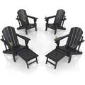 Folding Adirondack Chair Set of 4 with Ottoman Waterproof Plastic HDPE Firepit Chair for Outside with Hidden Footrests Foldable Ergonomics Seating for Patio Porch Yard Garden(Black)