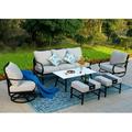 VILLA 4 Piece Patio Conversation Sets Outdoor Deluxe Metal Furniture Patio Set with 3 Seater Padded Deep Seating Bench 2 Swivel Cushioned Armrest Sofa Chairs and 1 Good-Looking Coffee