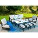 VILLA 4 Piece Patio Conversation Sets Outdoor Deluxe Metal Furniture Patio Set with 3 Seater Padded Deep Seating Bench 2 Swivel Cushioned Armrest Sofa Chairs and 1 Good-Looking Coffee
