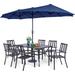 VILLA 5 Piece Outdoor Dining Set with 10ft Umbrella 37 Square Metal Dining Table & 4 Stacking Metal Chair with 3 Tier Beige Umbrella for Patio Deck Yard Porch