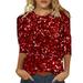 Uuszgmr Spring Tops For Women 2024 Ladies Fashion Solid Color Three Quarter Sleeve Casual Sequined Round Neck Loose Printed T Shirttops Dressy Casual Red Size:S