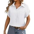 Uuszgmr Workout Tops For Women Casual Fashion Loose Short Sleeved Button Solid Color Pocket Casual Wrinkled Fabric Shirt Toptops Dressy Casual White Size:S