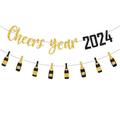 AYYUFE 1 Set Happy New Year Banner Pendant Golden Silver Color Sequin Letter Flag & Paper Bottle Banner Hanging Ornament 2024 New Year Home Decoration DIY Holiday Party Scene Layout Supplies