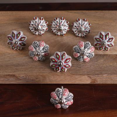 Palatial Spring,'Set of Nine Floral Colorful Ceramic Knobs from India'