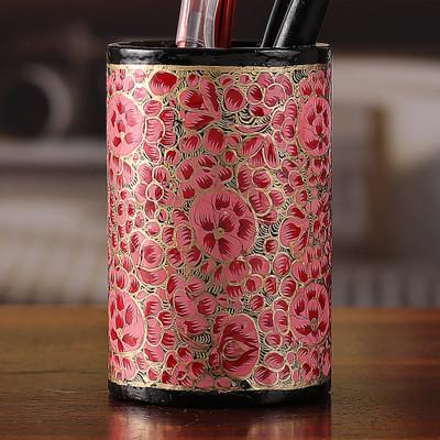 Springtime Pink,'Round Pink and Golden Wood and Papier Mache Pen Holder'