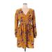 Xhilaration Casual Dress - A-Line V-Neck Long sleeves: Yellow Print Dresses - Women's Size X-Large