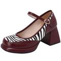 Women Square Toe Mary Janes Shoes Block Heel Platform Zebra Print Pumps Wedding Party Dress Shoes(Burgundy,UK Size 7)