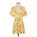 Blue Island Casual Dress - Mini V-Neck Short sleeves: Yellow Print Dresses - Women's Size X-Small