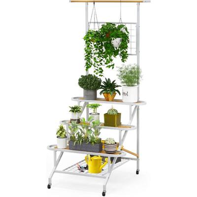 Blumentreppe mit Rankgitter, Pflanzenleiter mit 3 Ebenen, Gitterablage &Hängeregal, Blumenständer Image