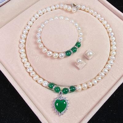 Women's Day Gifts Natural Freshwater Pearl Necklace Green Chalcedony Pendant White Pearl Bracelet Set As A Gift For Mothers And Mother-in-law On Mother's Day Mother's Day Gifts for MoM