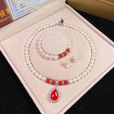 Women's Day Gifts Natural Freshwater Pearl Necklace Green Chalcedony Pendant White Pearl Bracelet Set As A Gift For Mothers And Mother-in-law On Mother's Day Mother's Day Gifts for MoM