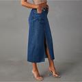 Women's Skirt A Line Denim Midi Skirt Midi High Waist Skirts Pocket Split Ends Solid Colored Street Daily Summer Denim Fashion Casual Blue Light Blue