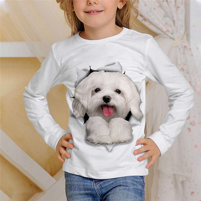 Kids Girls' T shirt Animal Casual 3D Printing Long Sleeve Crewneck Cute 7-13 Years Fall Black White Ivory