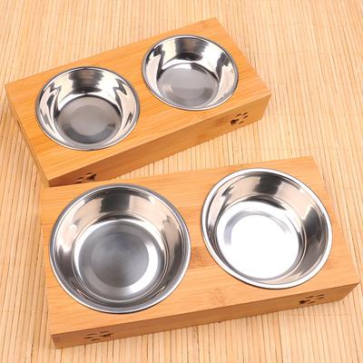 Pet Supplies Dog Food Utensils Dog Drinking Water And Food Basin Stainless Steel Dog Bowl Bamboo Frame Ceramic Cat Bowl Double Bowl