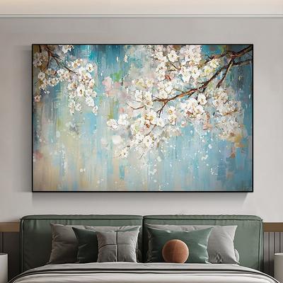 Hand painted Abstract Cherry Flower Oil Painting on Canvas Large Wall Art Original Blossom Floral Art White Painting Flower Painting Living Room Decor Stretched Canvas Ready to Hang