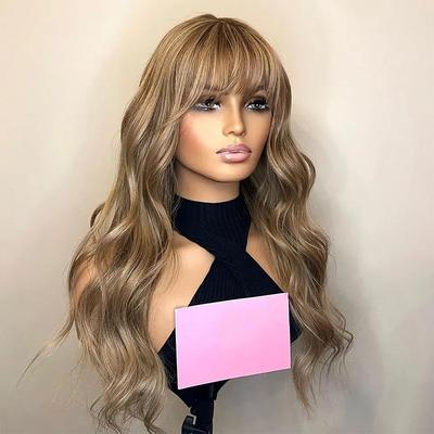 Remy Human Hair 13x4 Lace Front Wig With Bangs Brazilian Hair Wavy Multi-color Wig 130% 150% Density Highlighted / Balayage Hair Natural Hairline Pre-Plucked For Women Long Human Hair Lace