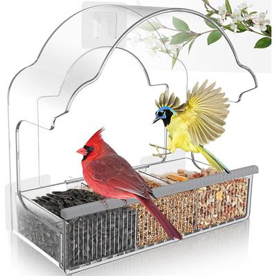 Window Bird Feeders for Outside, Clear Bird Window Feeder with 3 Strong Adhesive Sheets, Transparent Acrylic Bird House for Window Viewing, Removable Tray, Wild Bird Watching Gift