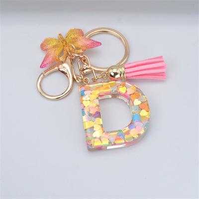 New Exquisite 26 Letter Resin Keychain with Pink Tassel Gradient Butterfly Pendant Key Ring Women Bag Ornaments Accessories Gift