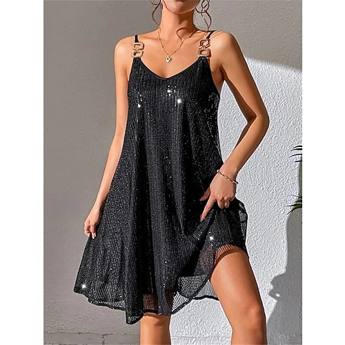 Per donna Mini Abito Abito nero Abito con Paillettes Vestito da Festa Abito da Cocktail Moda Festa Caldo Abito Invernale Vacanza Ospite di nozze Taglia piccola Colore Puro Senza Maniche Spalline
