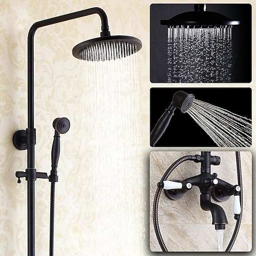 set combinato di rubinetti per sistema doccia antico, kit soffione a pioggia da 8 con doccetta a parete, finitura galvanizzata in ottone rame nero stile vintage 2 maniglie Rubinetti per vasca a 3 fori con bodyspray