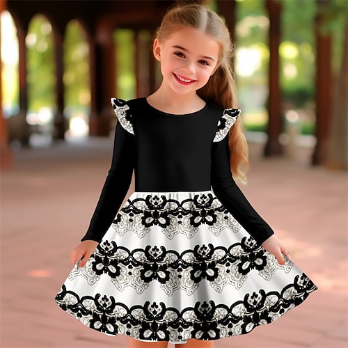 Carnevale ragazze' 3D Floreale Abito con balze Rosa Manica lunga Stampa 3D Primavera Autunno Da mare Sportivo Giornaliero stile sveglio Informale Bellissimo Bambino 3-12 anni Abito casual Abito linea