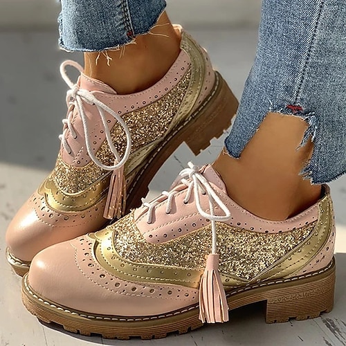 scarpe oxford con punta a coda di rondine glitterate rosa e grigie da donna con suola spessa - eleganti brogue con lacci per outfit casual e particolari