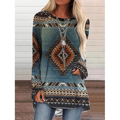 Per donna Tunica Maglietta bohémien maglietta Pop art A quadri Color Block Vintage Etnico Boho Manica lunga Rotonda Top regolari Informale Giornaliero Per uscire Stampa Azzurro Autunno inverno