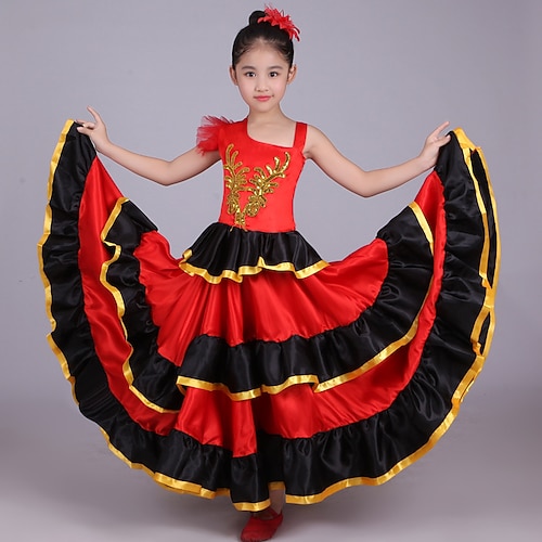 Da ragazza Flamenco Signoria Danza Costume da ballo di tango Moda Poliestere Rosso Gonna / Per bambini